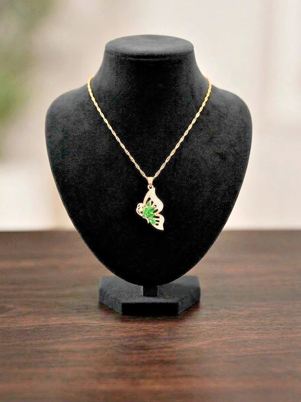 Green Butterfly Necklace in Gold